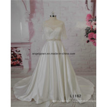L1162 Short Sleeves Satin Vintage Lace A-Line Wedding Bridal Gowns